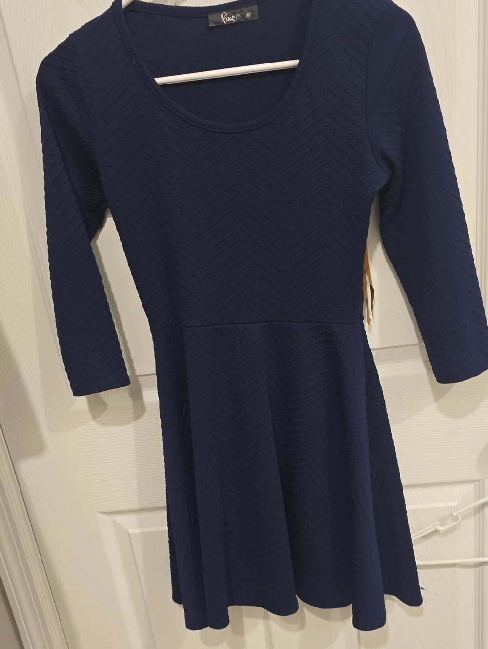 Pinc Premium Navy Textured Fit-and-Flare Long Sleeve Dress